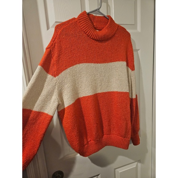 Aerie XL Chunky Knit Mock Neck Sweater Orange Cream Stripe Cozy Fall Pumpkin - Picture 5 of 6